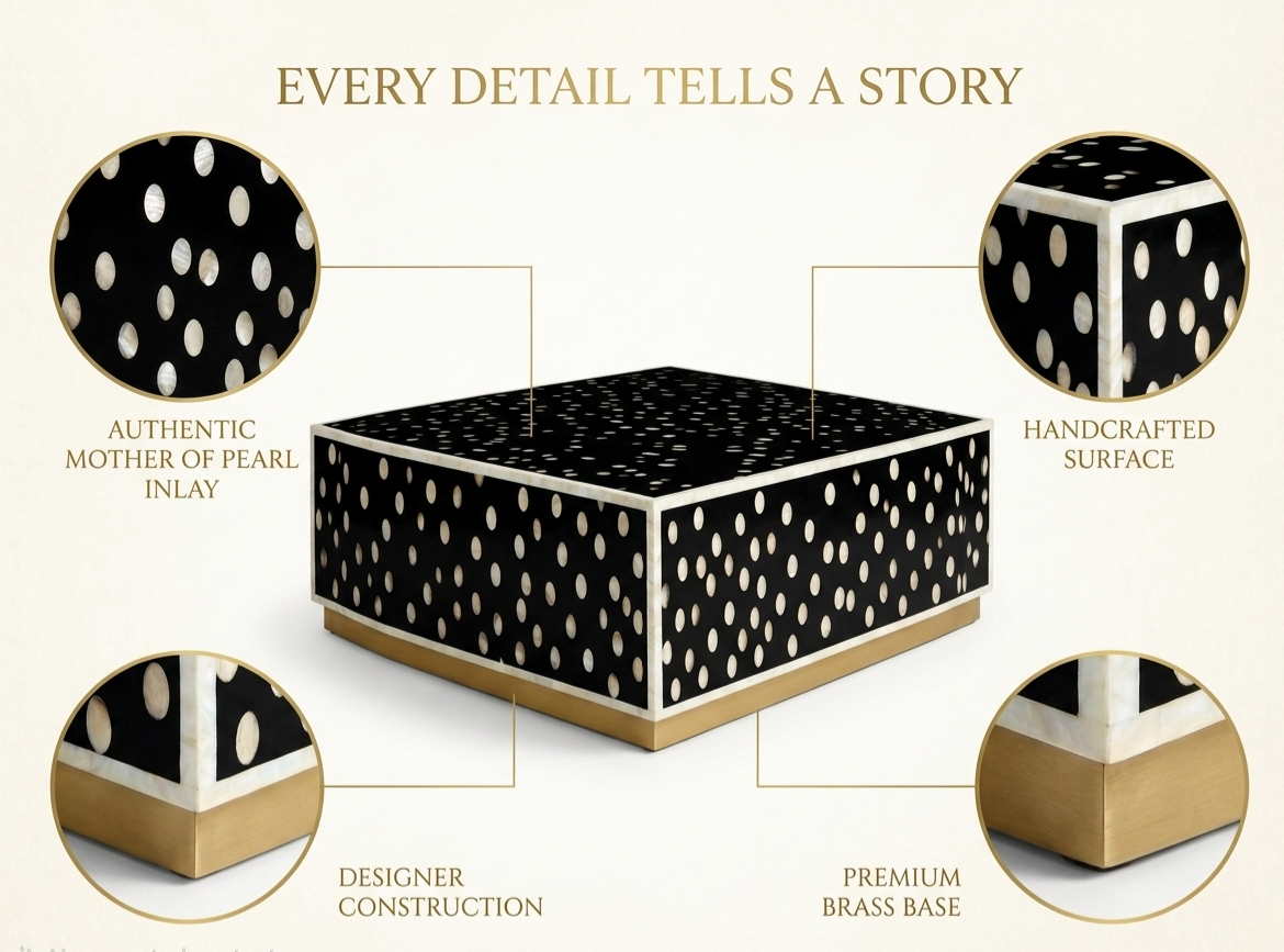 Mother of Pearl Inlay Black & White Coffee Table with Brass Stand