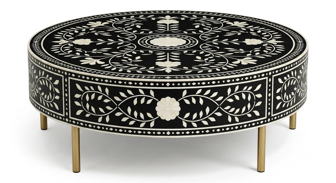 Brown Bone Inlay Round Coffee Table with Floral Pattern & Golden Powder Coating Legs