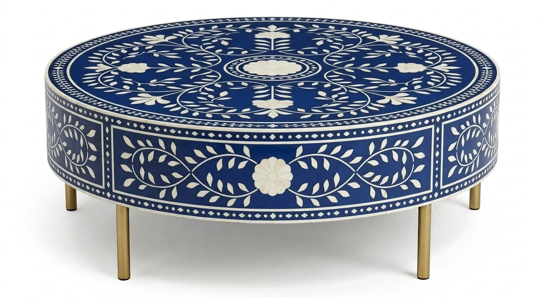 Brown Bone Inlay Round Coffee Table with Floral Pattern & Golden Powder Coating Legs