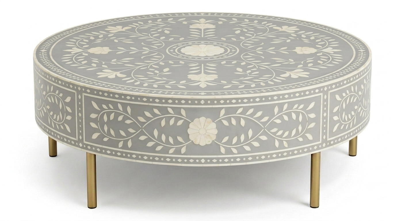 Brown Bone Inlay Round Coffee Table with Floral Pattern & Golden Powder Coating Legs