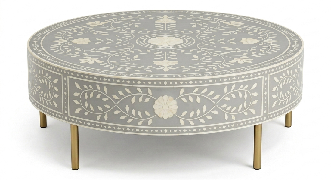 Brown Bone Inlay Round Coffee Table with Floral Pattern & Golden Powder Coating Legs