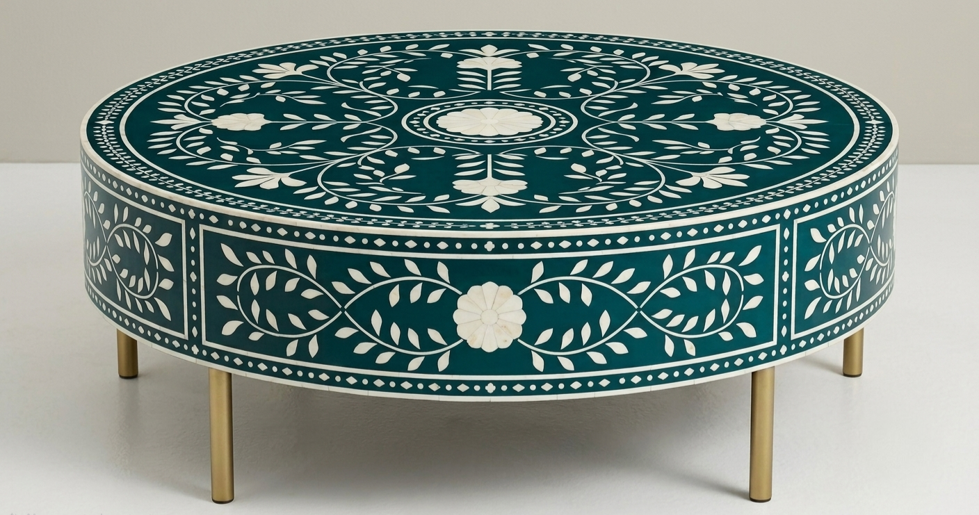 Brown Bone Inlay Round Coffee Table with Floral Pattern & Golden Powder Coating Legs