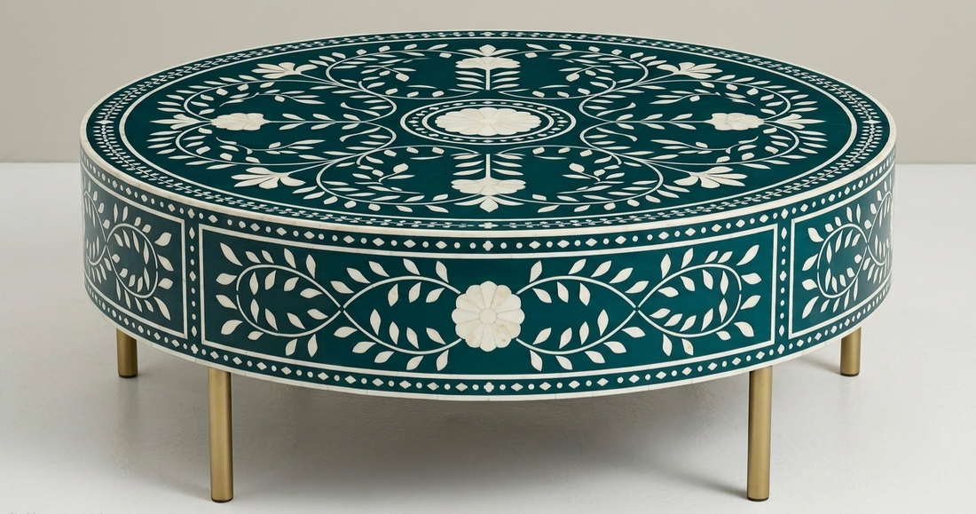 Brown Bone Inlay Round Coffee Table with Floral Pattern & Golden Powder Coating Legs
