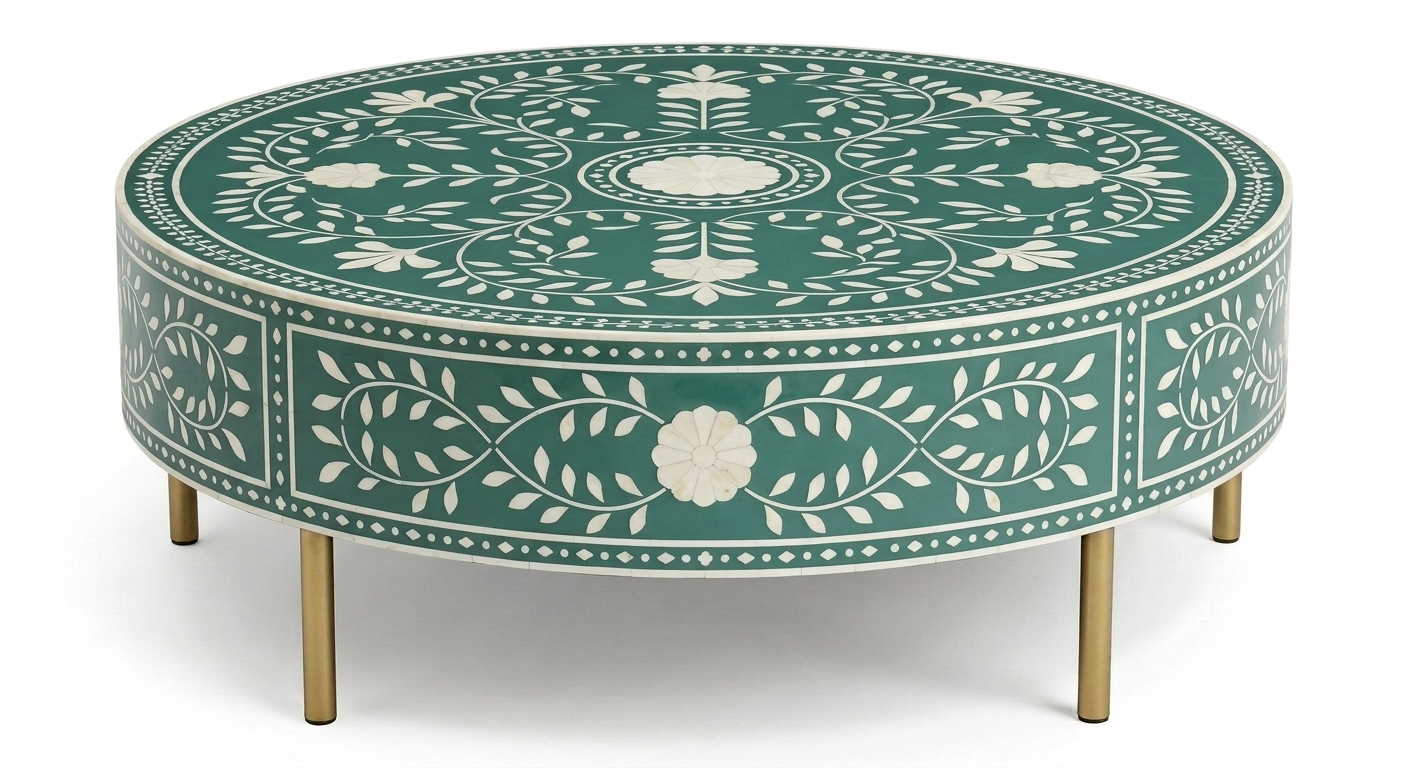 Brown Bone Inlay Round Coffee Table with Floral Pattern & Golden Powder Coating Legs