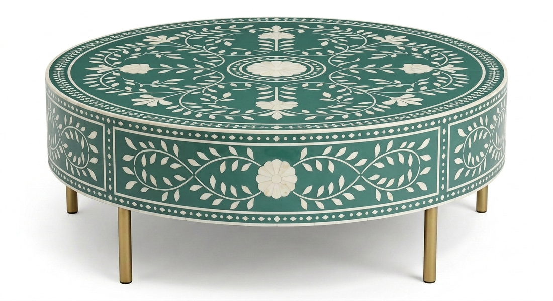Brown Bone Inlay Round Coffee Table with Floral Pattern & Golden Powder Coating Legs