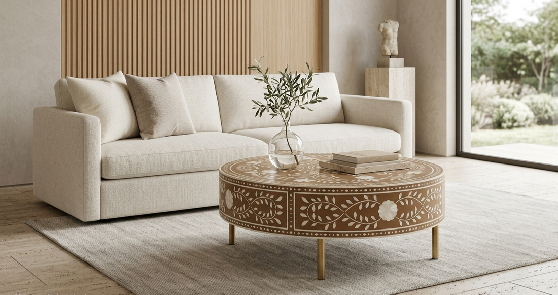 Brown Bone Inlay Round Coffee Table with Floral Pattern & Golden Powder Coating Legs