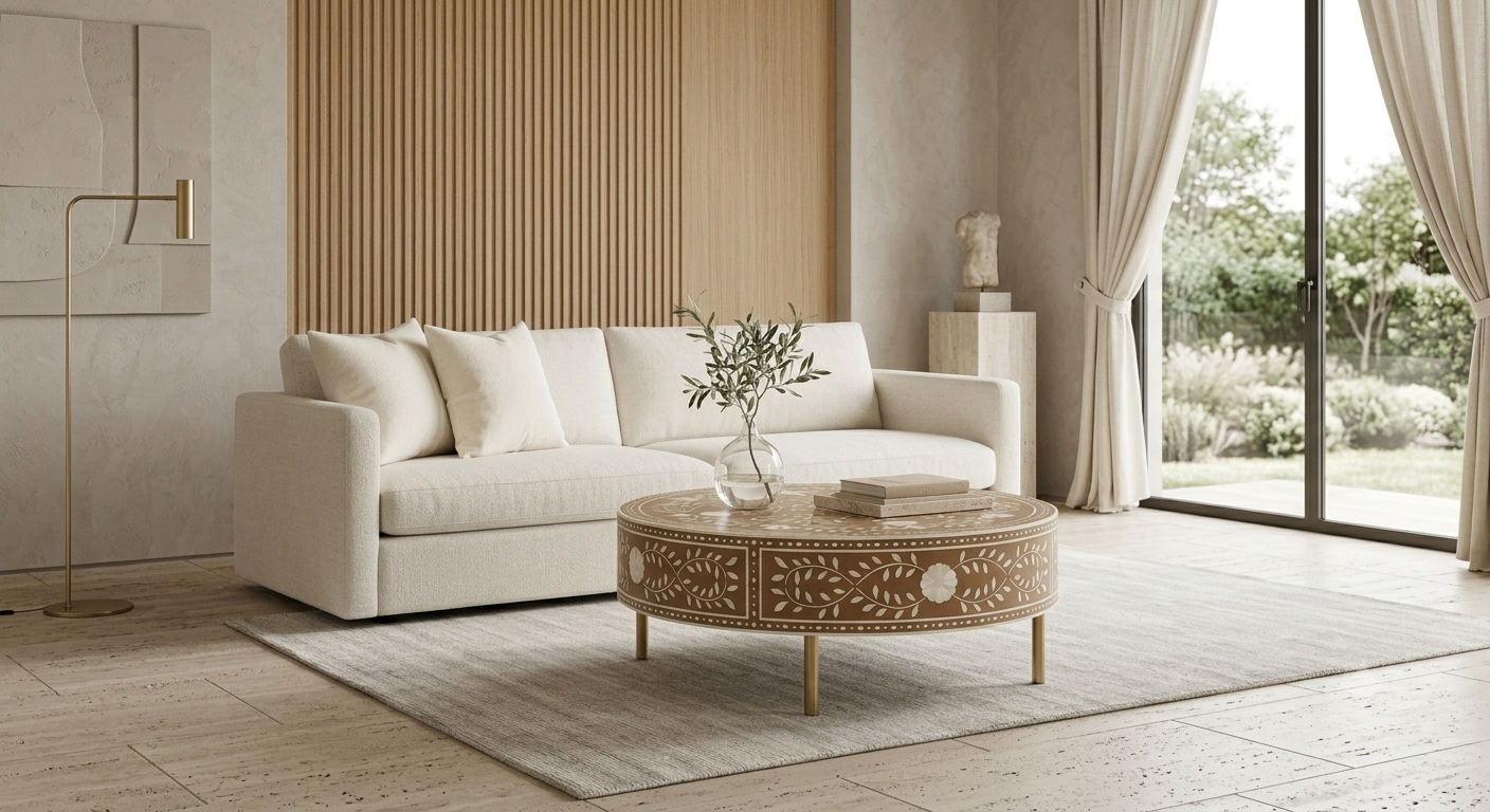Brown Bone Inlay Round Coffee Table with Floral Pattern & Golden Powder Coating Legs