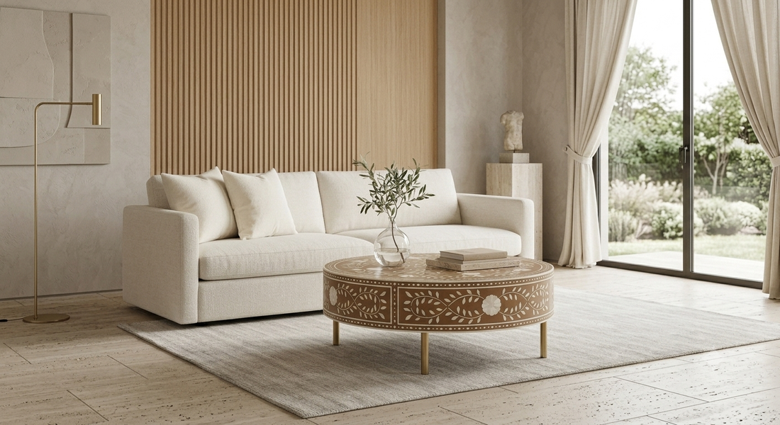 Brown Bone Inlay Round Coffee Table with Floral Pattern & Golden Powder Coating Legs