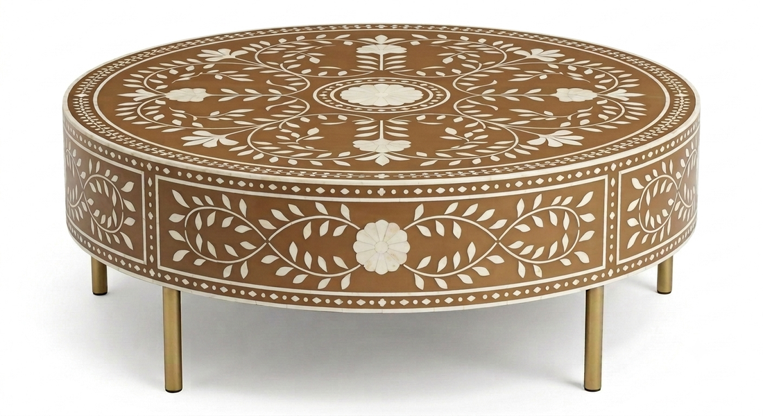 Brown Bone Inlay Round Coffee Table with Floral Pattern & Golden Powder Coating Legs