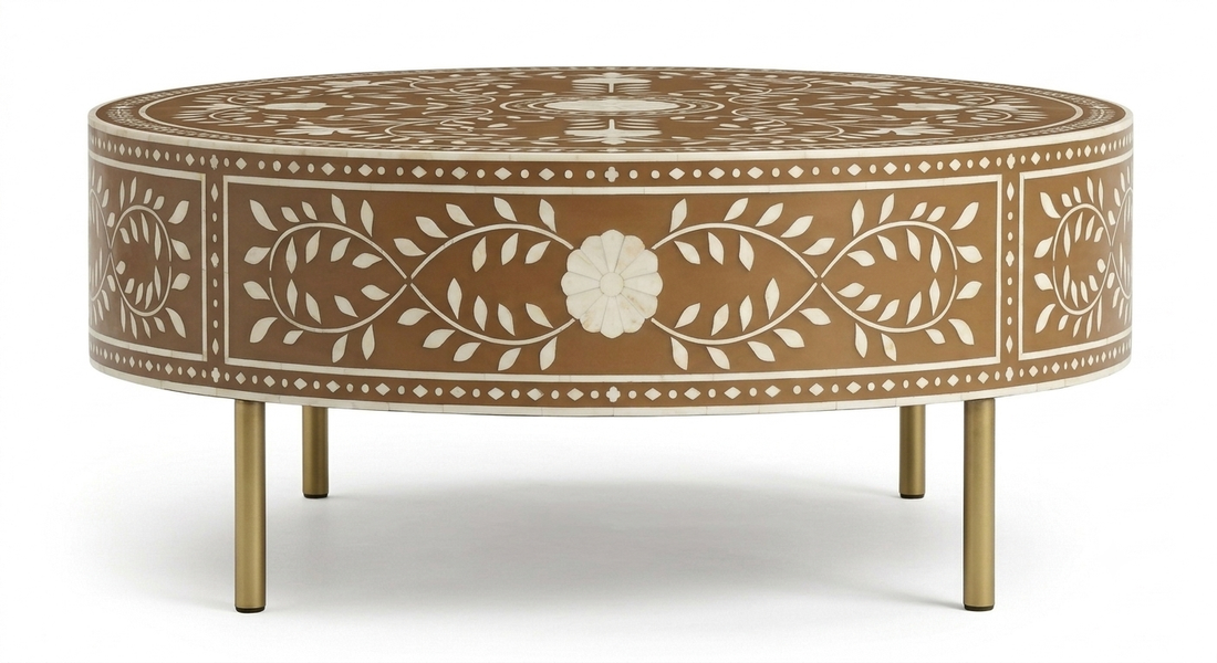 Brown Bone Inlay Round Coffee Table with Floral Pattern & Golden Powder Coating Legs