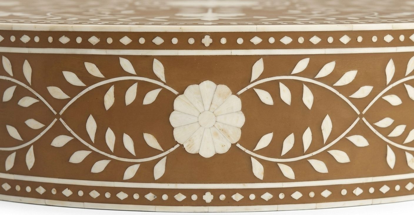 Brown Bone Inlay Round Coffee Table with Floral Pattern & Golden Powder Coating Legs