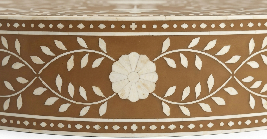 Brown Bone Inlay Round Coffee Table with Floral Pattern & Golden Powder Coating Legs