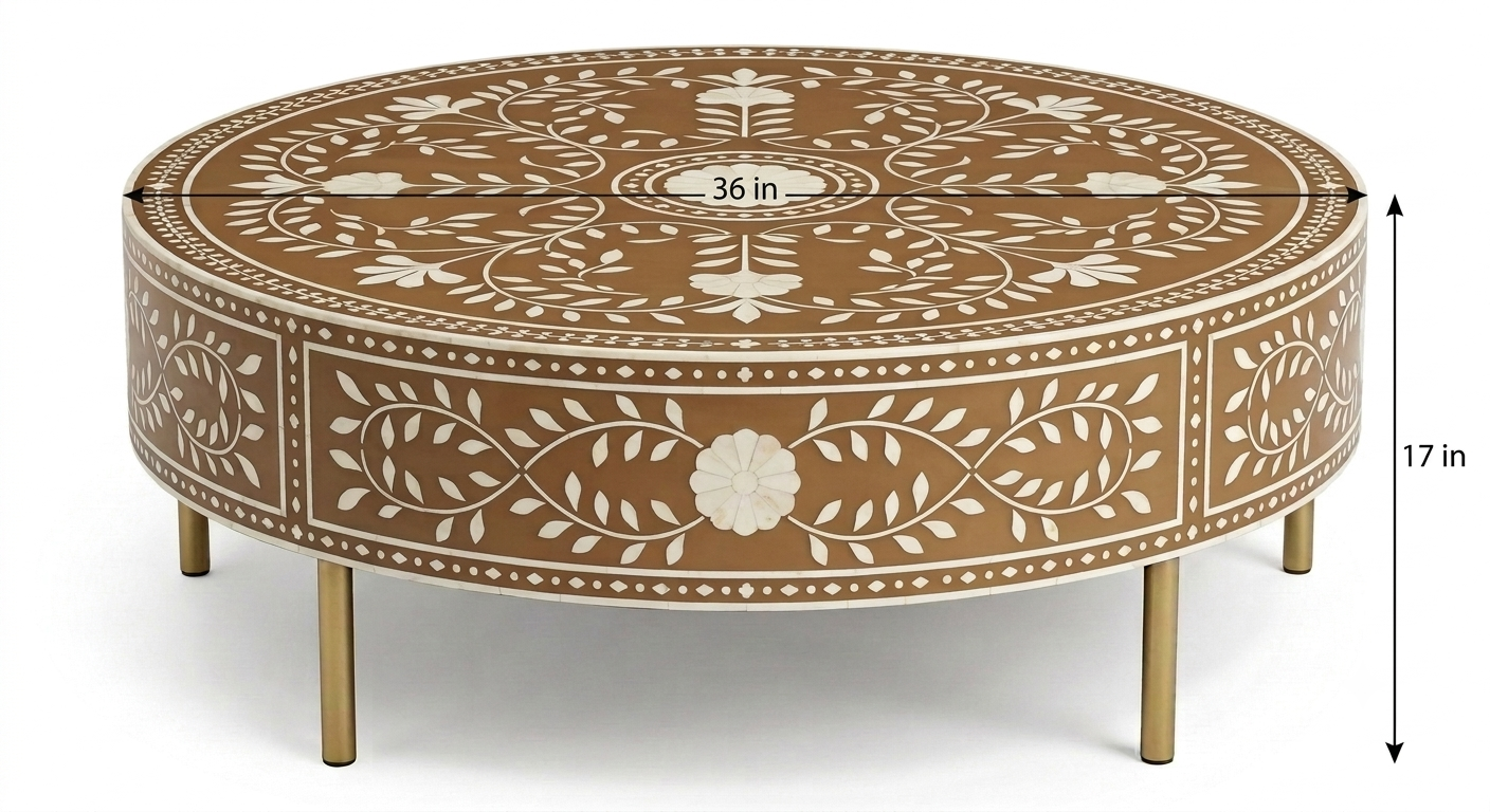Brown Bone Inlay Round Coffee Table with Floral Pattern & Golden Powder Coating Legs