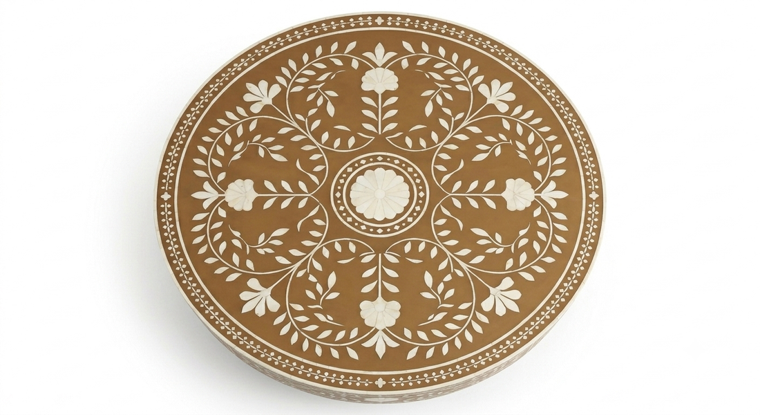 Brown Bone Inlay Round Coffee Table with Floral Pattern & Golden Powder Coating Legs