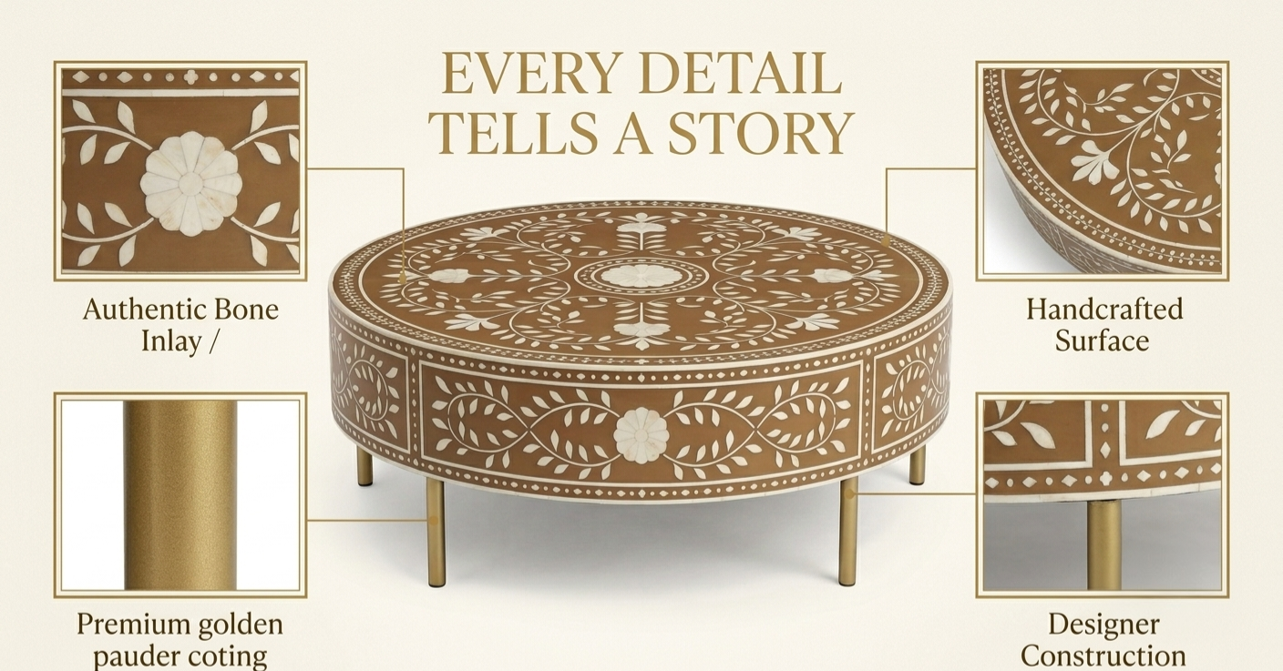 Brown Bone Inlay Round Coffee Table with Floral Pattern & Golden Powder Coating Legs