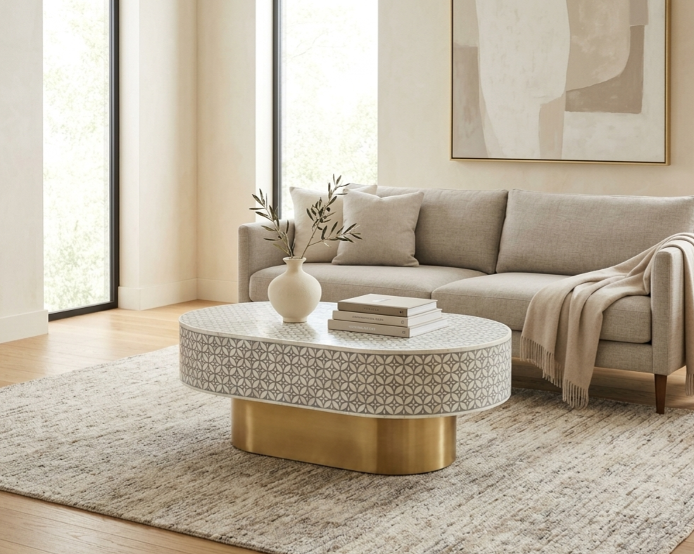 Bone Inlay Oval Coffee Table in Grey with Brass Base – L42 x D27 x H17 Inches