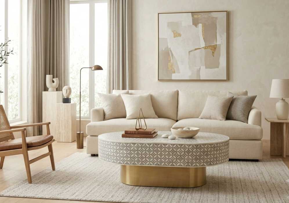 Bone Inlay Oval Coffee Table in Grey with Brass Base – L42 x D27 x H17 Inches