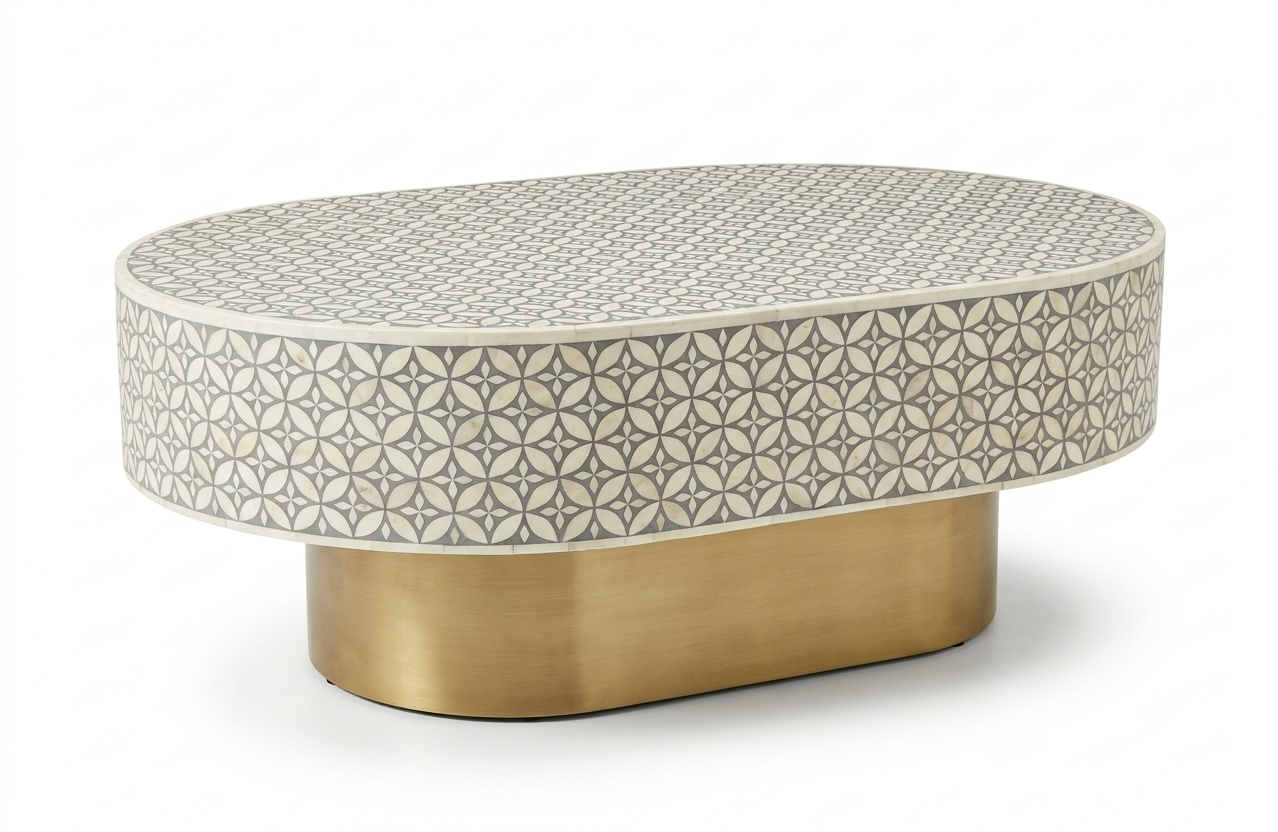 Bone Inlay Oval Coffee Table in Grey with Brass Base – L42 x D27 x H17 Inches