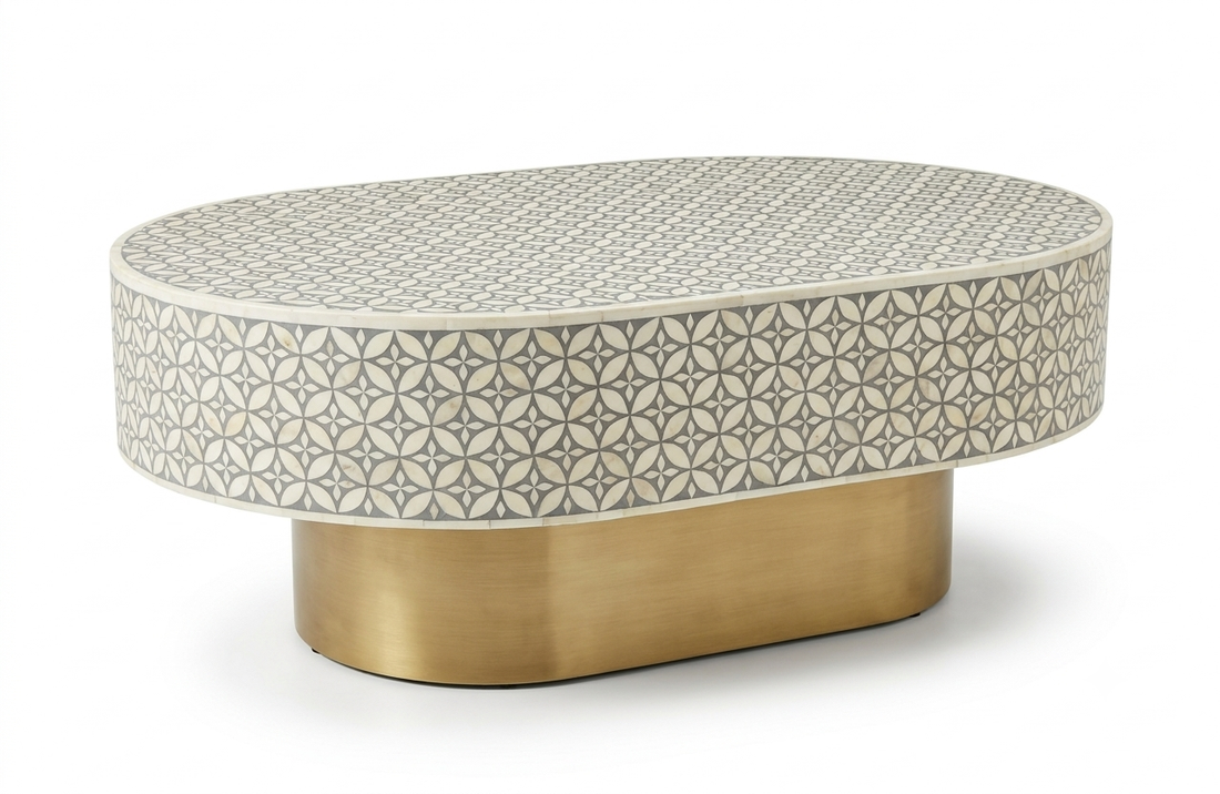 Bone Inlay Oval Coffee Table in Grey with Brass Base – L42 x D27 x H17 Inches