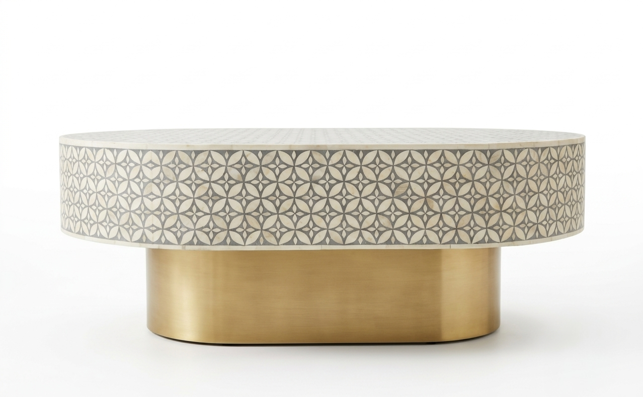 Bone Inlay Oval Coffee Table in Grey with Brass Base – L42 x D27 x H17 Inches