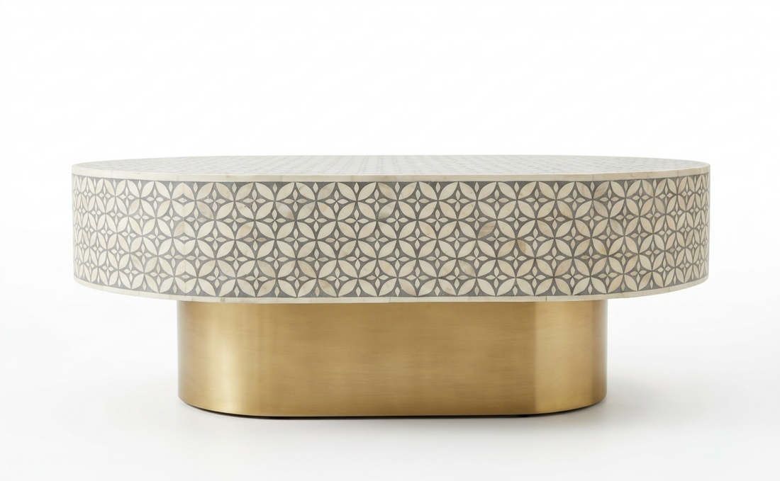 Bone Inlay Oval Coffee Table in Grey with Brass Base – L42 x D27 x H17 Inches