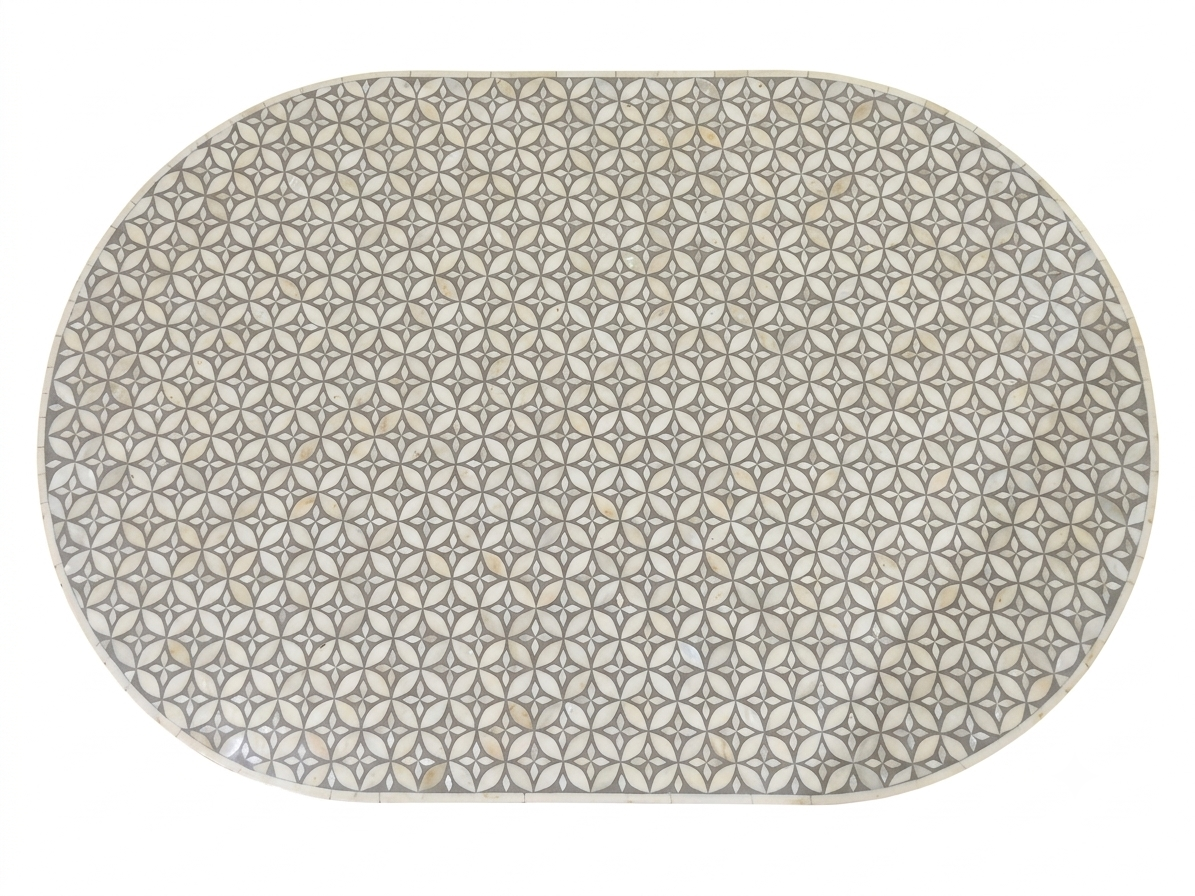 Bone Inlay Oval Coffee Table in Grey with Brass Base – L42 x D27 x H17 Inches