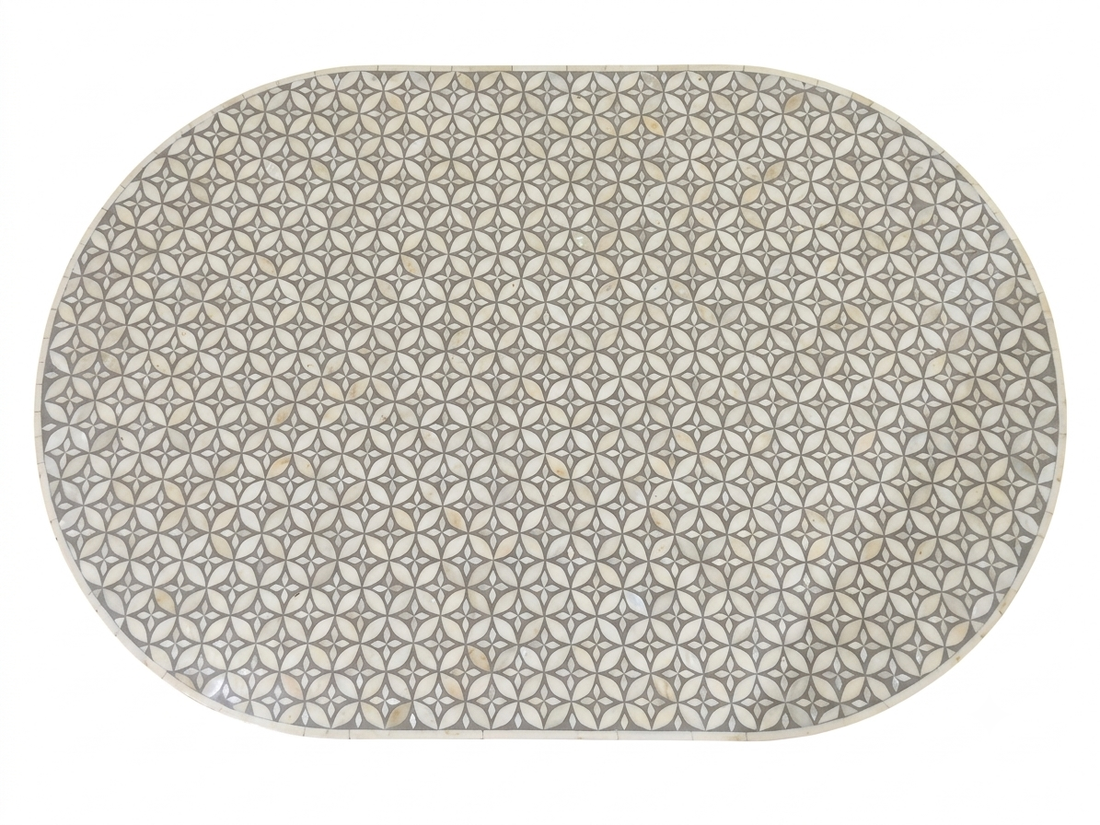 Bone Inlay Oval Coffee Table in Grey with Brass Base – L42 x D27 x H17 Inches