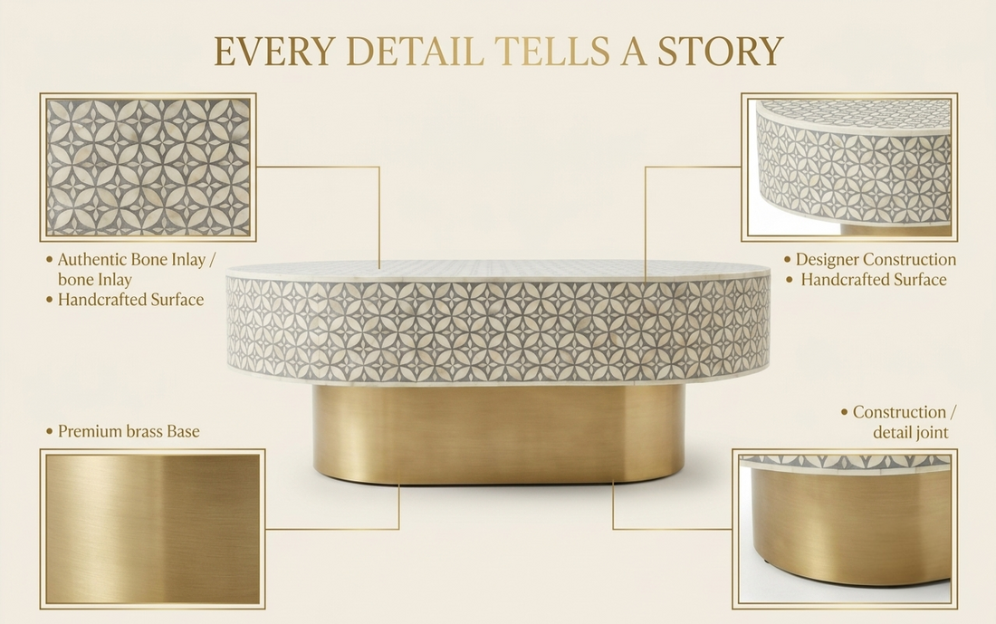 Bone Inlay Oval Coffee Table in Grey with Brass Base – L42 x D27 x H17 Inches