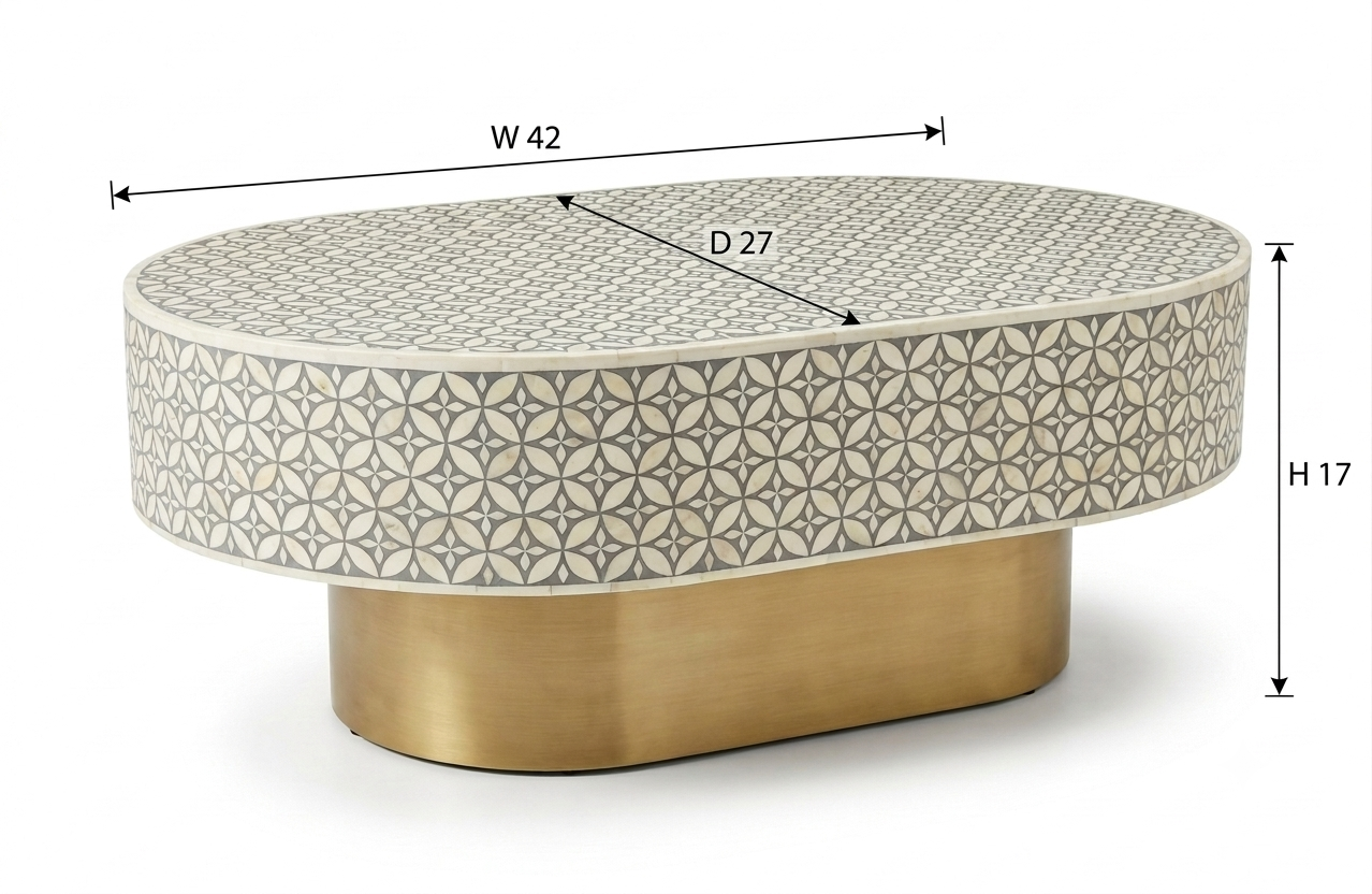Bone Inlay Oval Coffee Table in Grey with Brass Base – L42 x D27 x H17 Inches