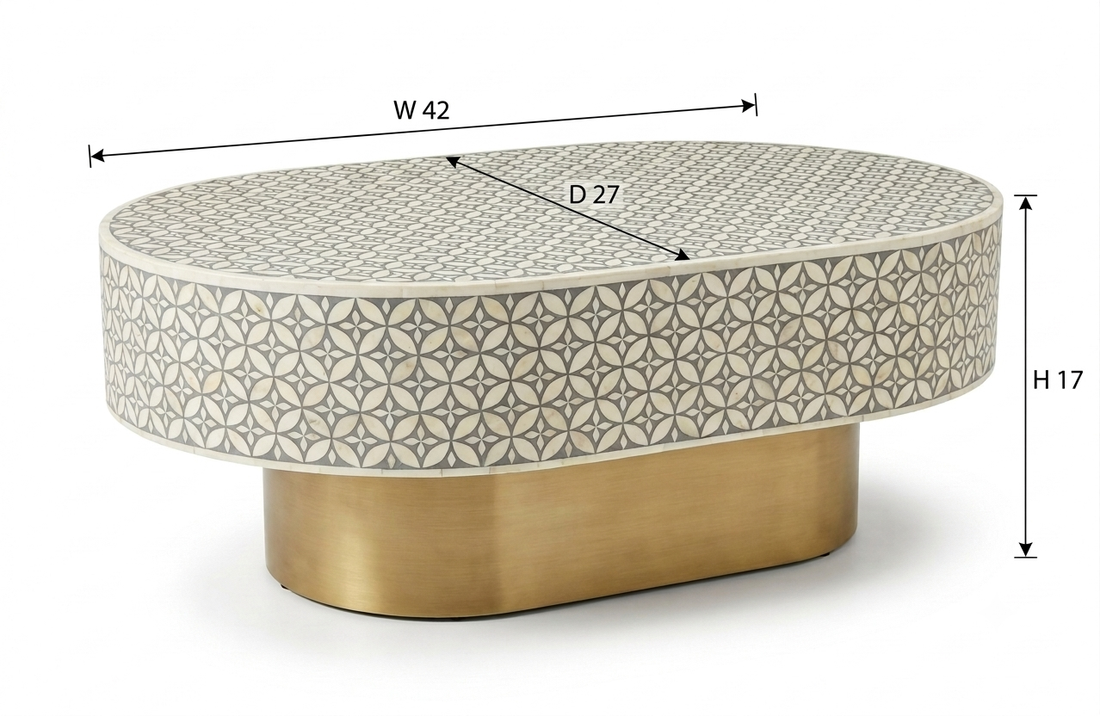 Bone Inlay Oval Coffee Table in Grey with Brass Base – L42 x D27 x H17 Inches