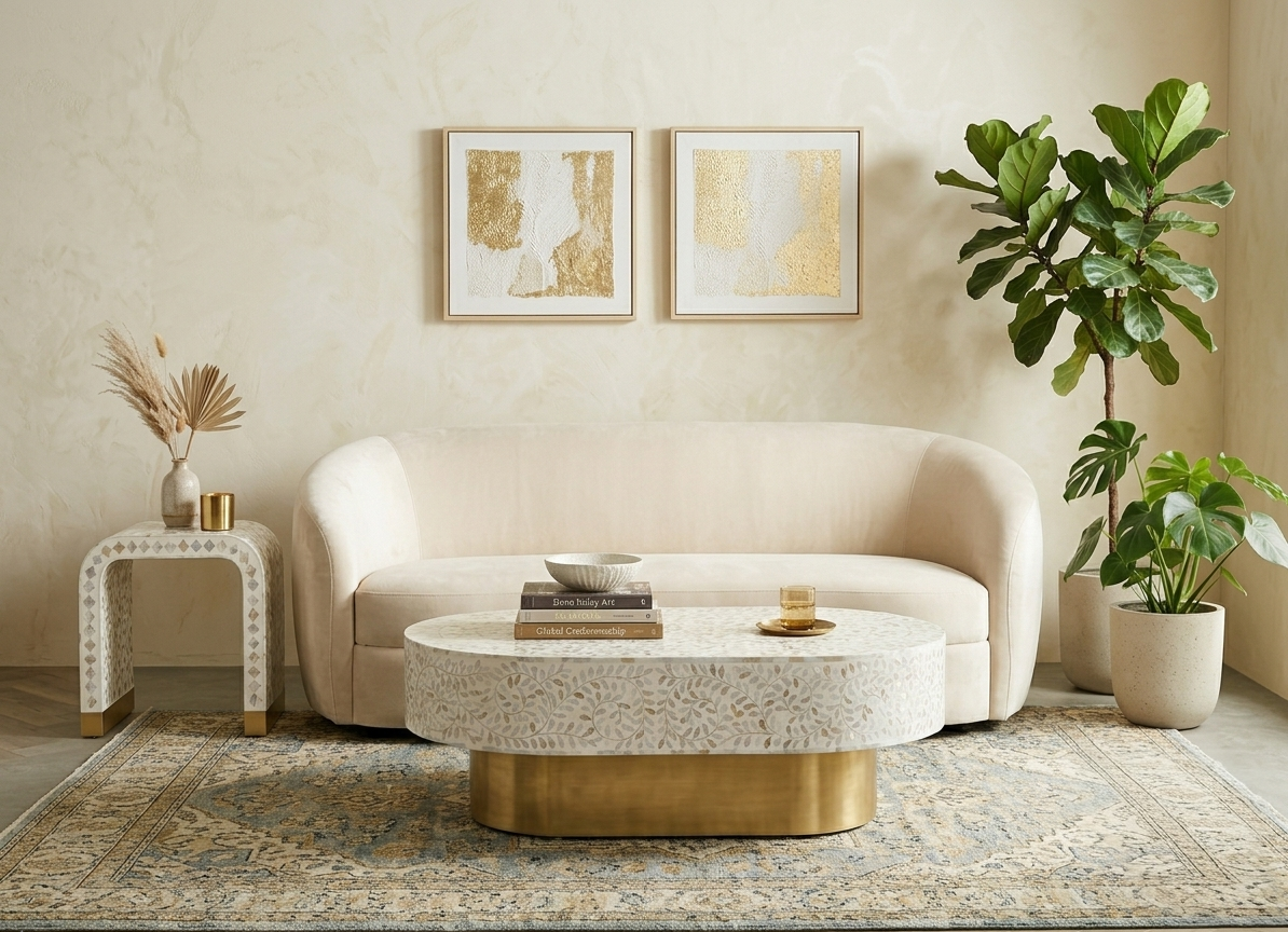 Mother of Pearl Inlay Oval Coffee Table & U-Shaped Side Table Set of 2 – White with Brass Stand