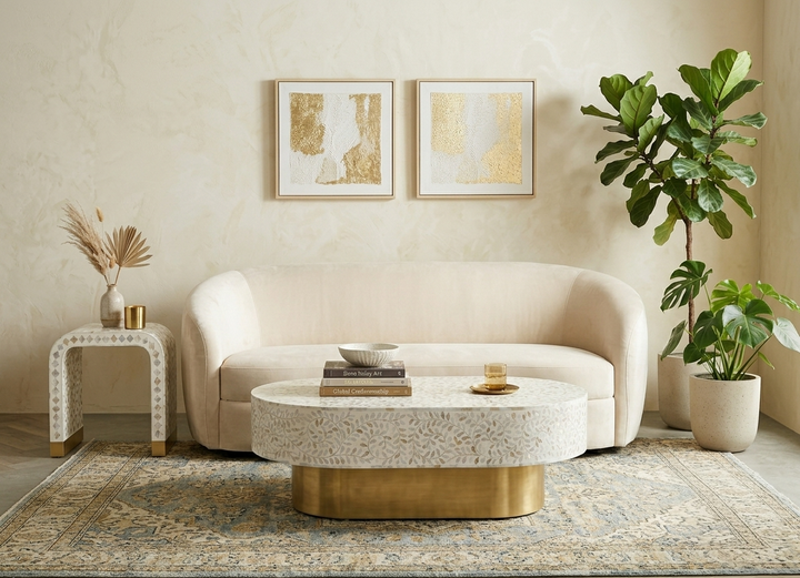 Mother of Pearl Inlay Oval Coffee Table & U-Shaped Side Table Set of 2 – White with Brass Stand
