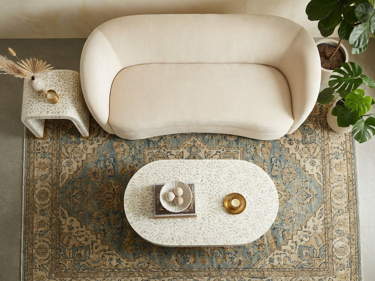 Mother of Pearl Inlay Oval Coffee Table & U-Shaped Side Table Set of 2 – White with Brass Stand