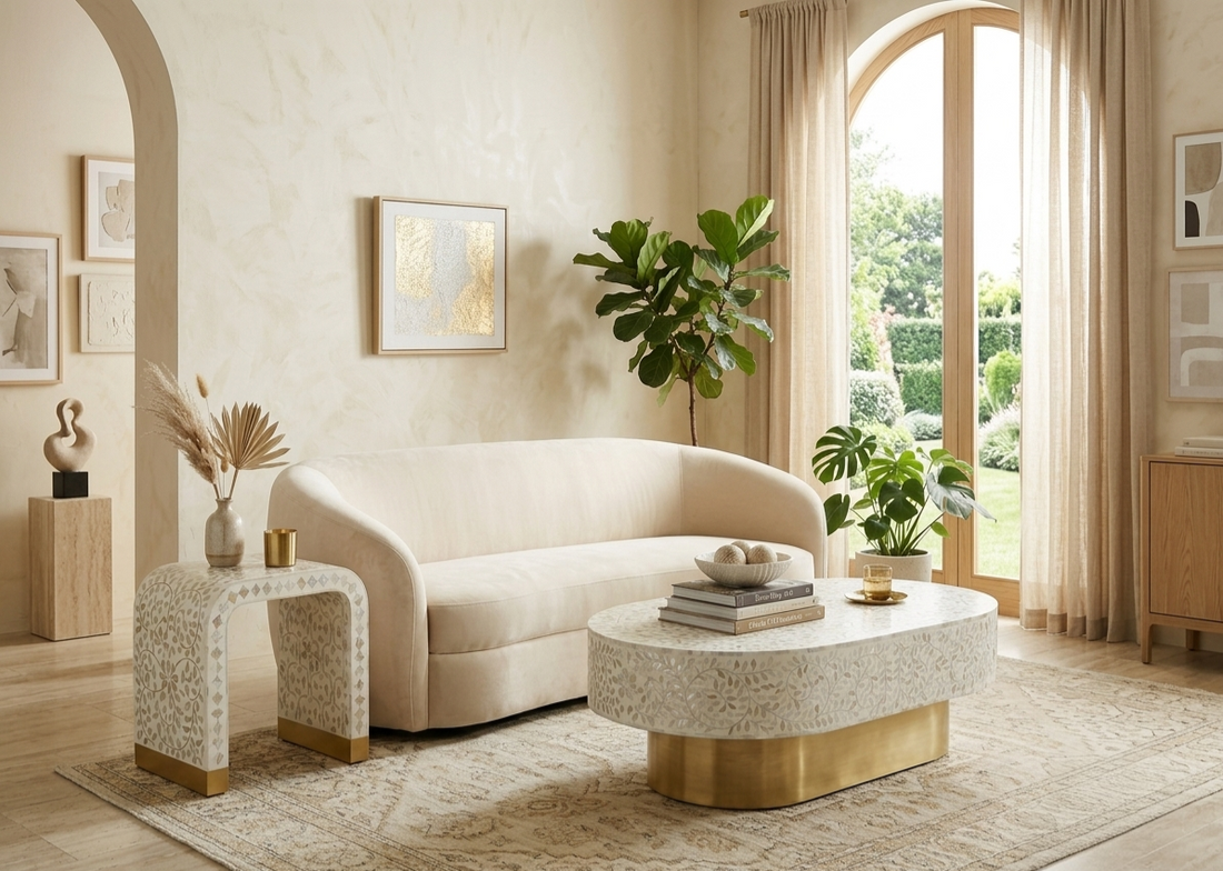 Mother of Pearl Inlay Oval Coffee Table & U-Shaped Side Table Set of 2 – White with Brass Stand