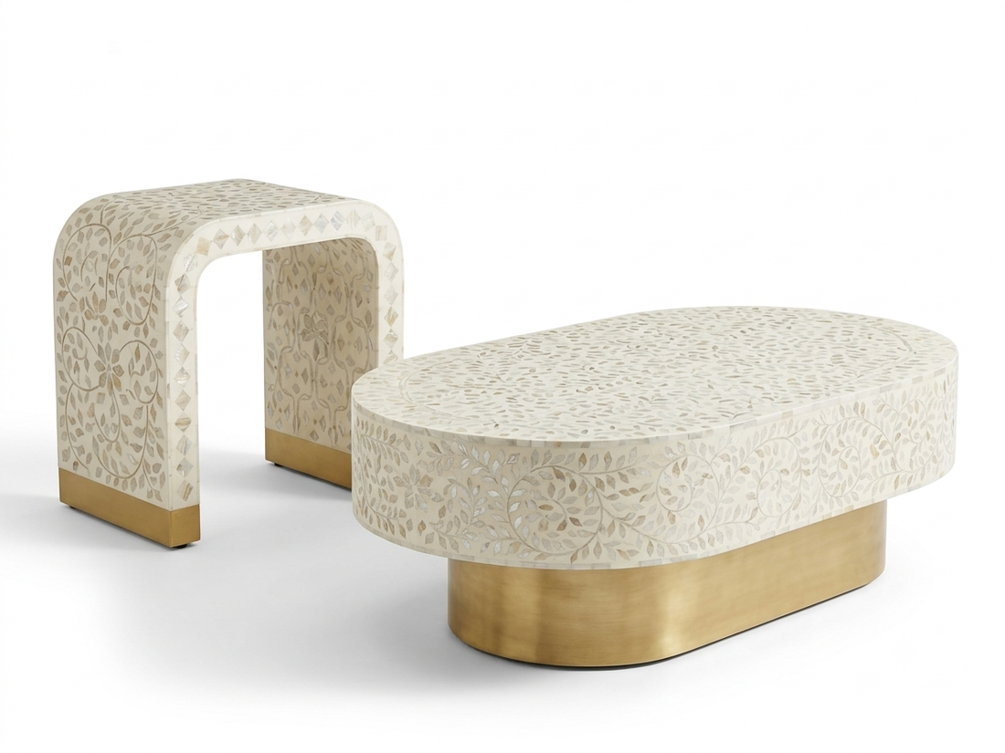 Mother of Pearl Inlay Oval Coffee Table & U-Shaped Side Table Set of 2 – White with Brass Stand