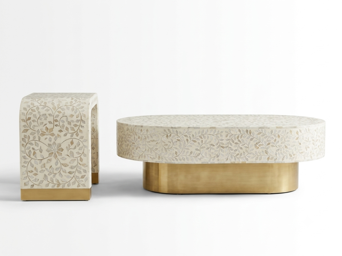 Mother of Pearl Inlay Oval Coffee Table & U-Shaped Side Table Set of 2 – White with Brass Stand