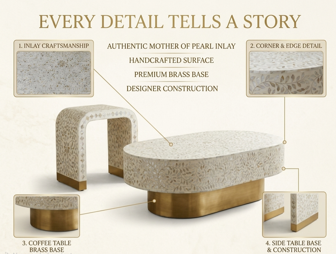 Mother of Pearl Inlay Oval Coffee Table & U-Shaped Side Table Set of 2 – White with Brass Stand