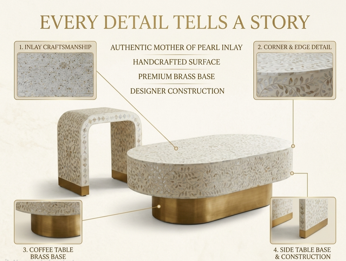 Mother of Pearl Inlay Oval Coffee Table & U-Shaped Side Table Set of 2 – White with Brass Stand