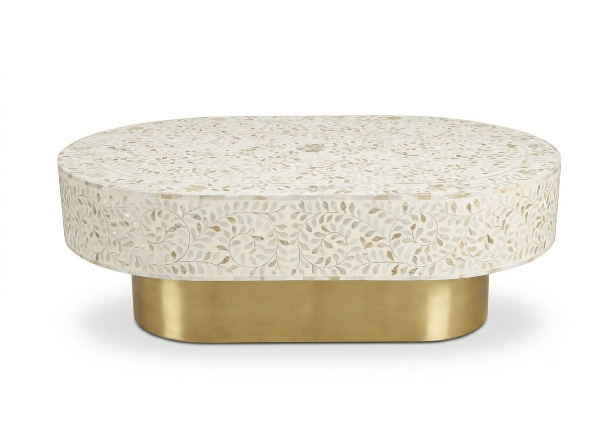 Mother of Pearl Inlay Oval Coffee Table & U-Shaped Side Table Set of 2 – White with Brass Stand