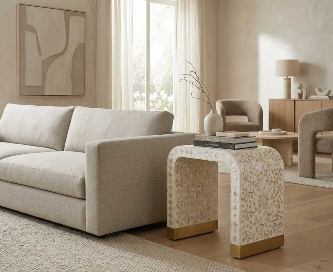Mother of Pearl Inlay U-Shaped Side Table White Color with Brass Legs