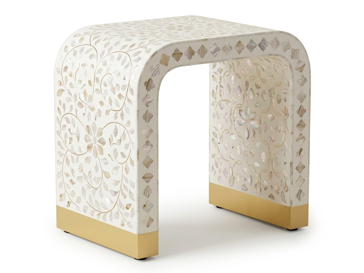 Mother of Pearl Inlay U-Shaped Side Table White Color with Brass Legs