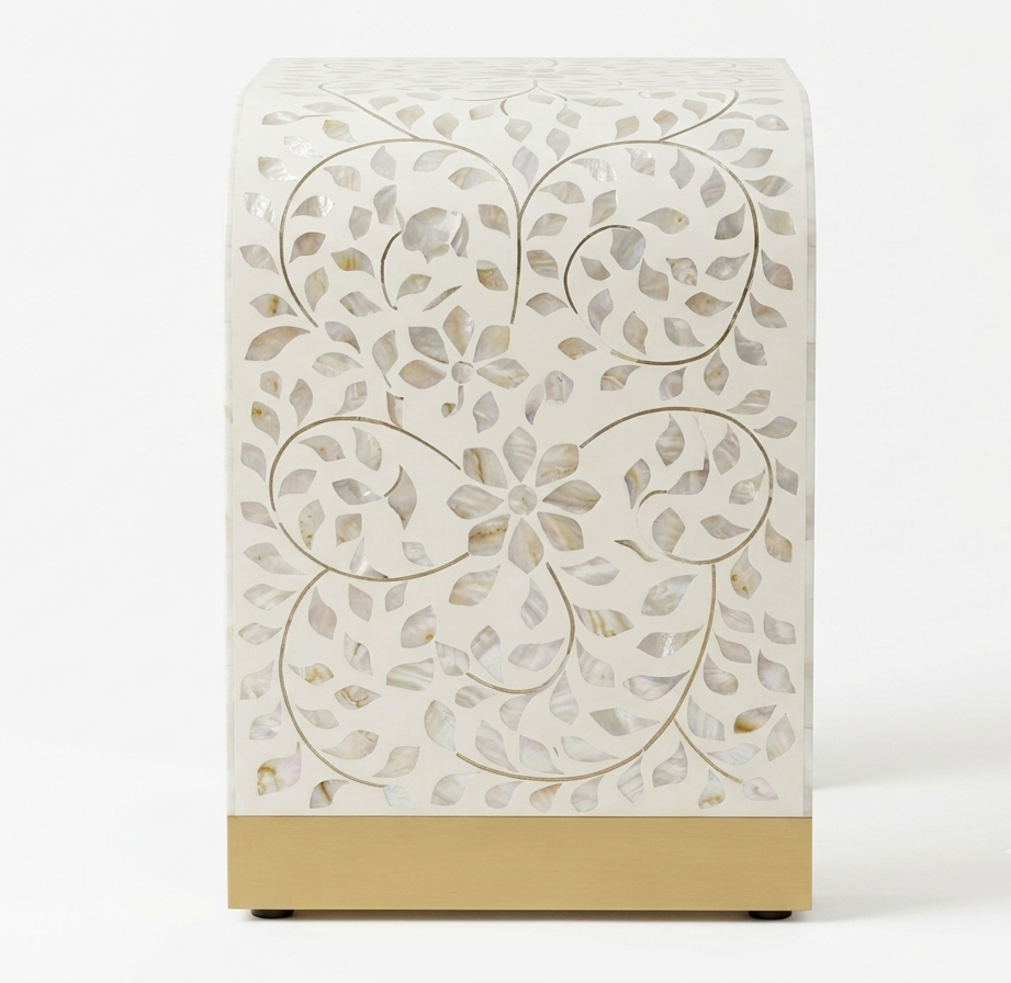 Mother of Pearl Inlay U-Shaped Side Table White Color with Brass Legs