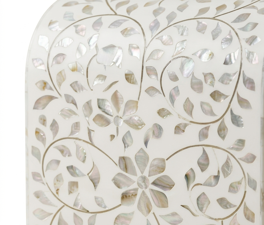 Mother of Pearl Inlay U-Shaped Side Table White Color with Brass Legs