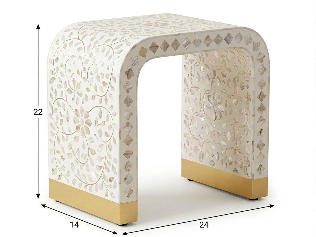 Mother of Pearl Inlay U-Shaped Side Table White Color with Brass Legs