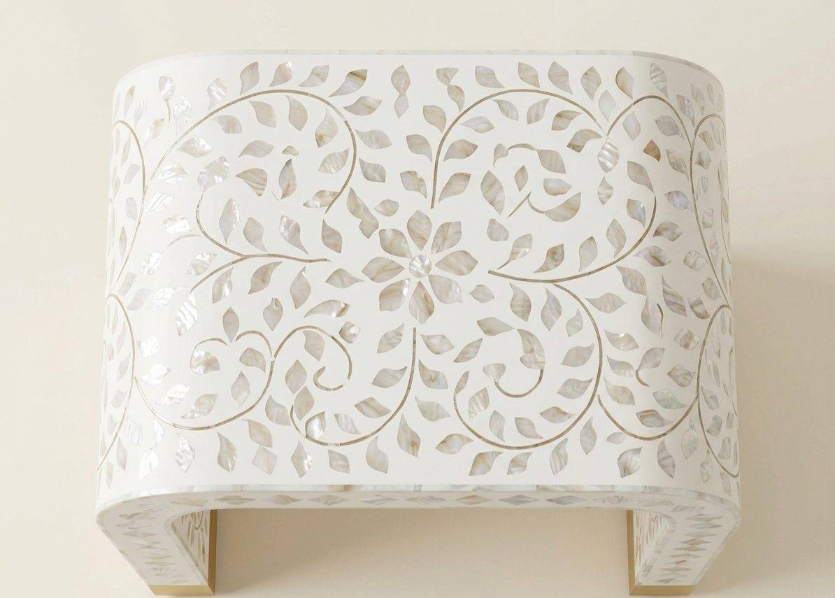 Mother of Pearl Inlay U-Shaped Side Table White Color with Brass Legs