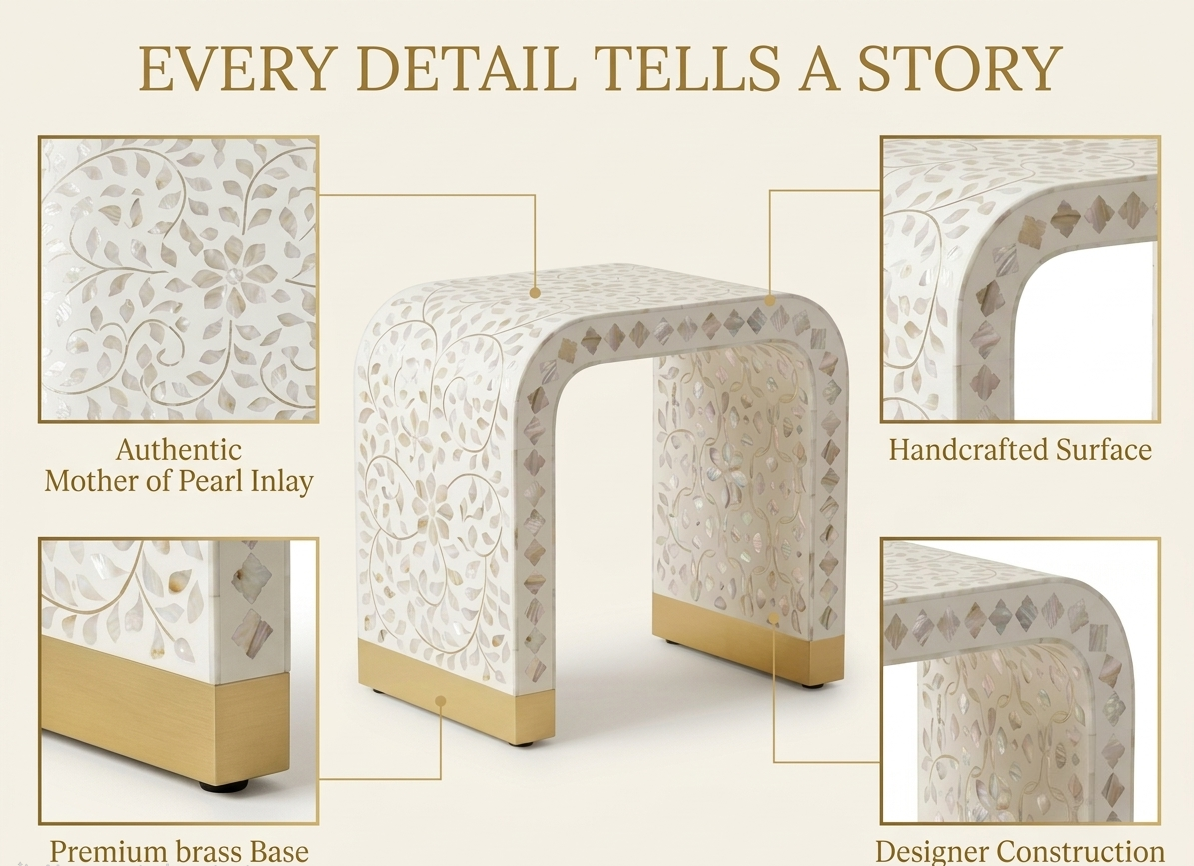 Mother of Pearl Inlay U-Shaped Side Table White Color with Brass Legs