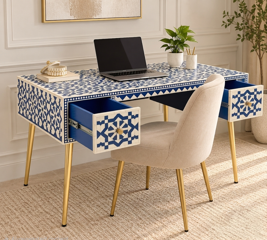 Bone Inlay Work Desk – Blue Color with Golden Powder Coated Legs