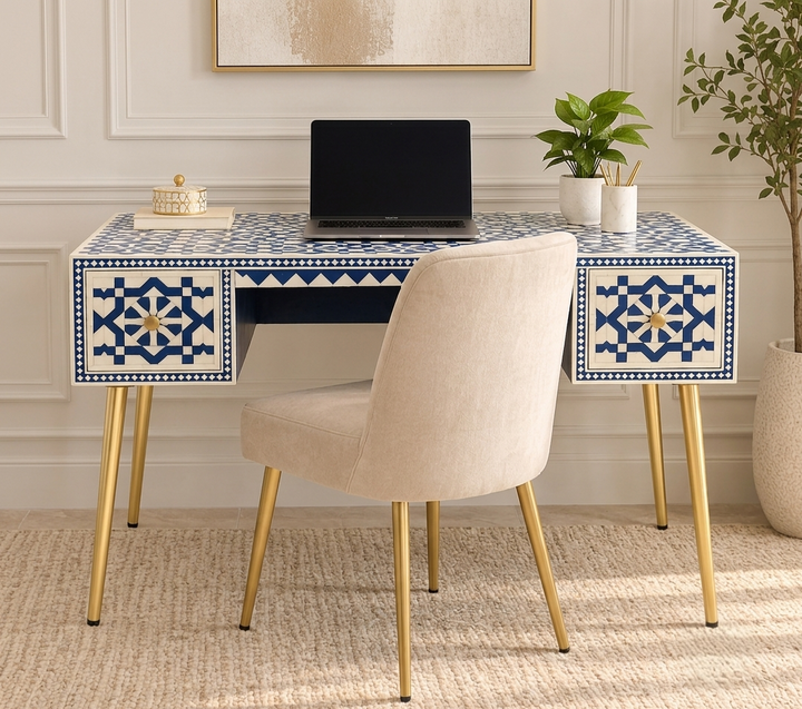 Bone Inlay Work Desk – Blue Color with Golden Powder Coated Legs