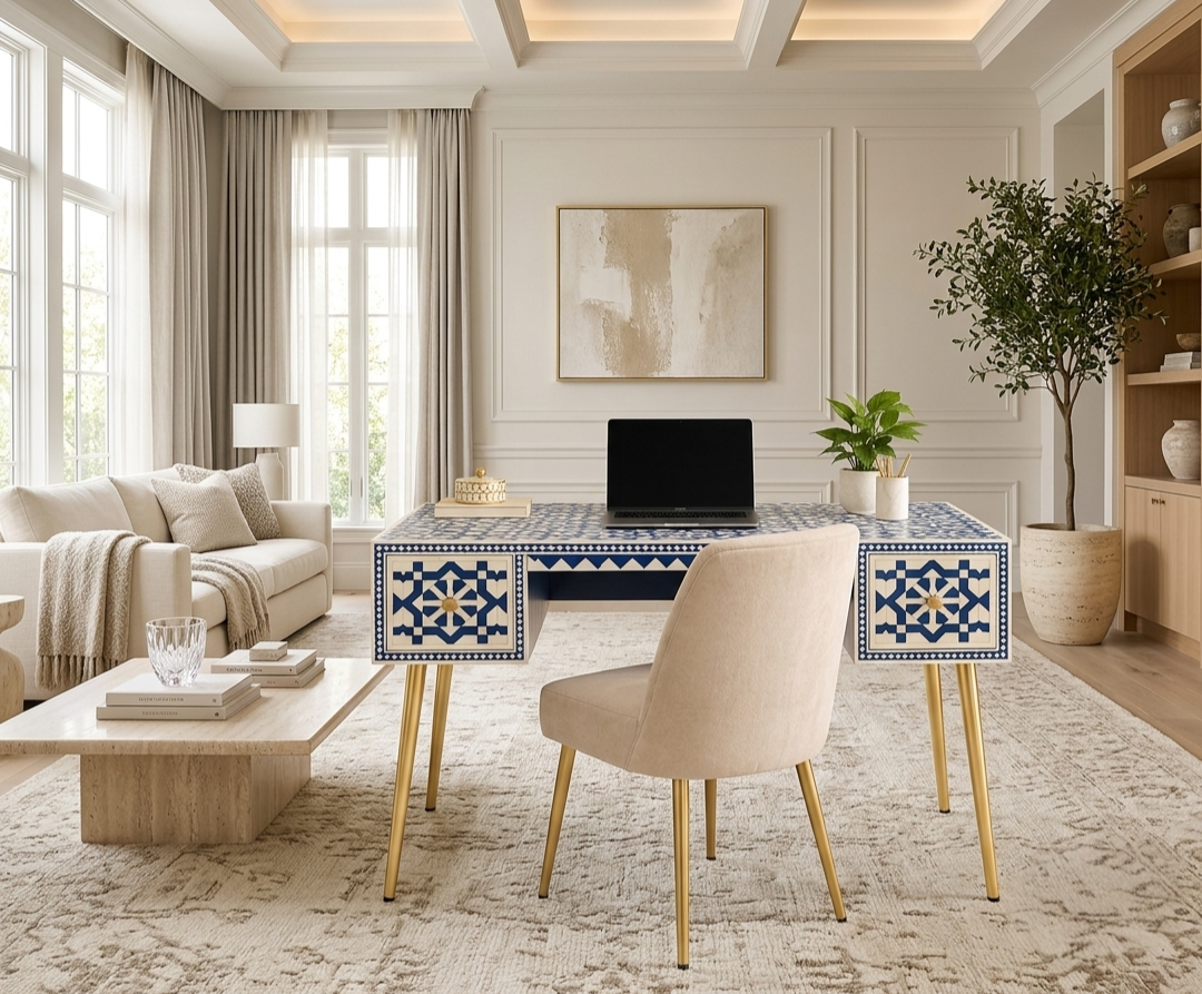 Bone Inlay Work Desk – Blue Color with Golden Powder Coated Legs