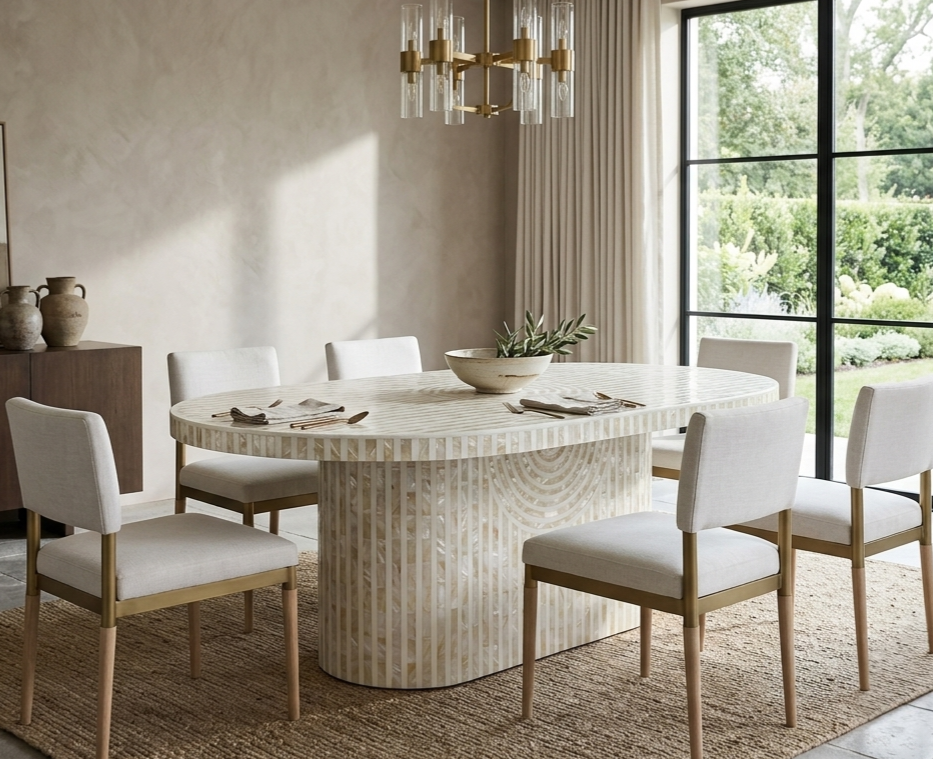 Bone Inlay Black Dining Table – Geometric Pattern Dining Room Table
